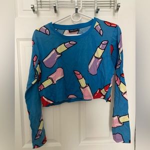 Lazy Oaf Lipstick Print Long Sleeve Crop Top. 100% Cotton.